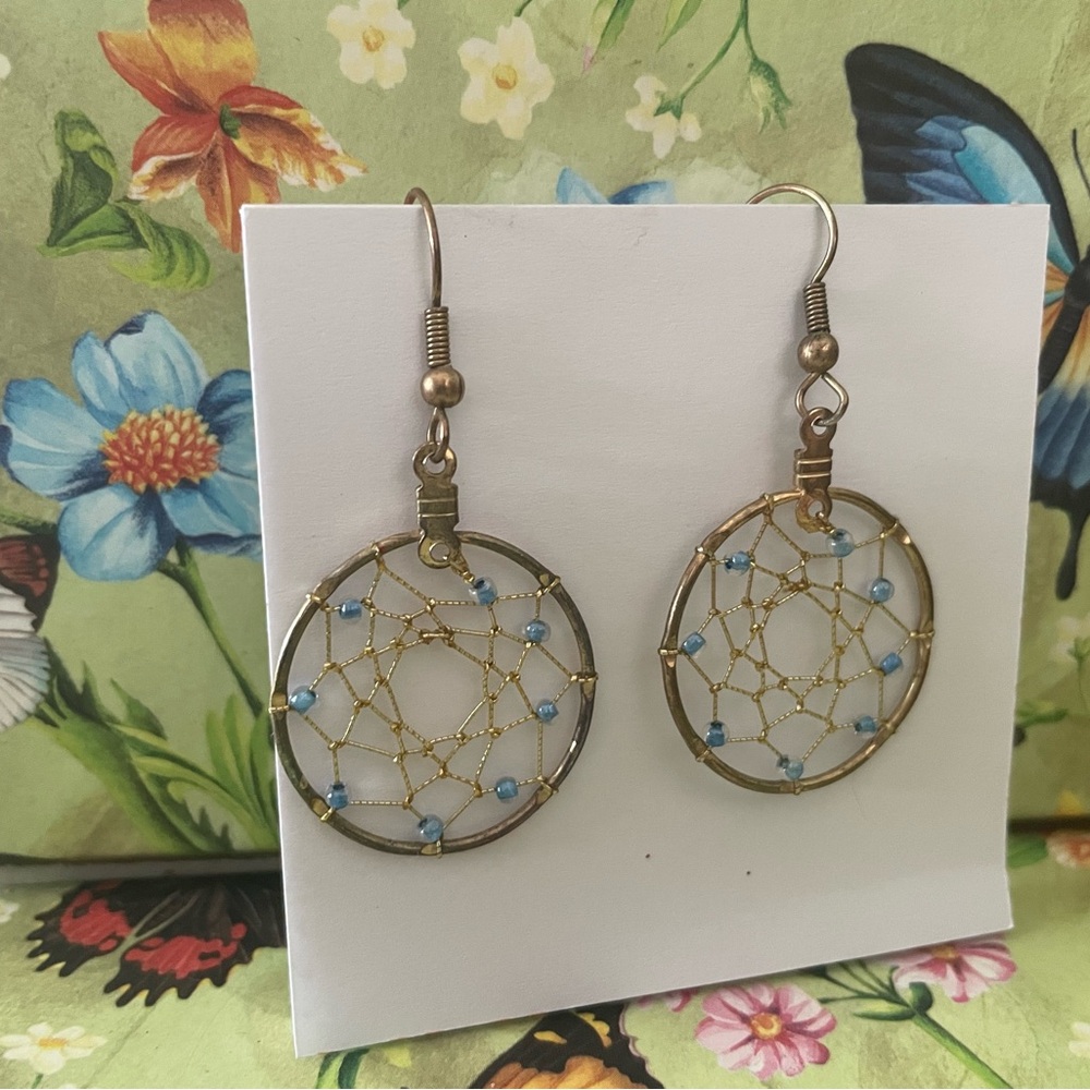 Gold and Blue Dreamcatcher Earrings